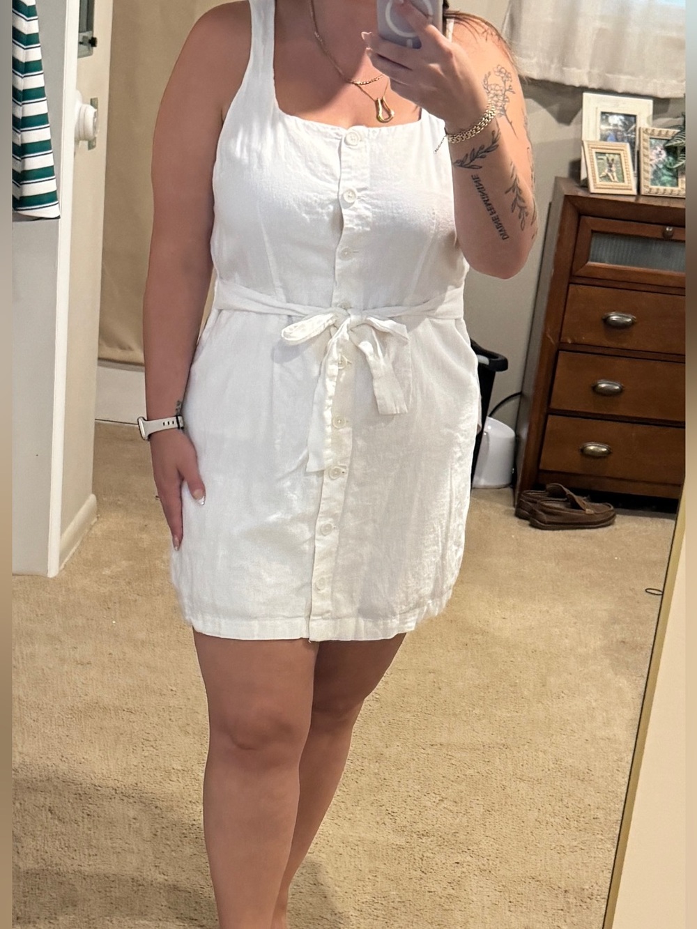 a new day White Linen Button Up Dress with waist tie